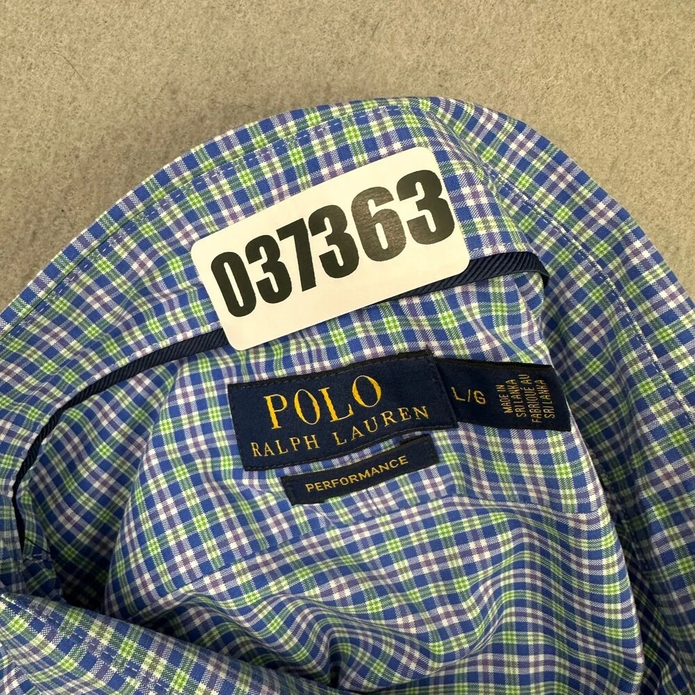 Polo Ralph Lauren Shirt Men Large Blue Plaid Performance Long Sleeve Button Up L